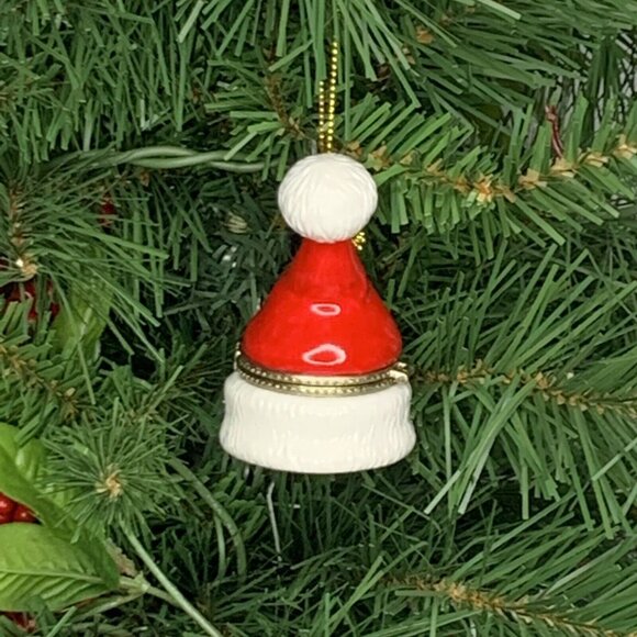 Santa Clause Hat Porcelain Hinged Surprise Gift Trinket Box Christmas Ornament - Picture 3 of 5